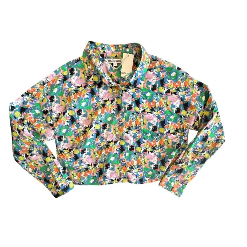 Walter Baker Floral Cropped Blouse Large NWT Multicolor Cotton Button Front Top